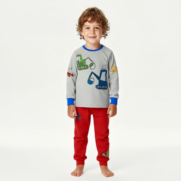 Toddler and Kids Boys Pajama Set - Grey Top Red Bottom Long Sleeve Two Piece