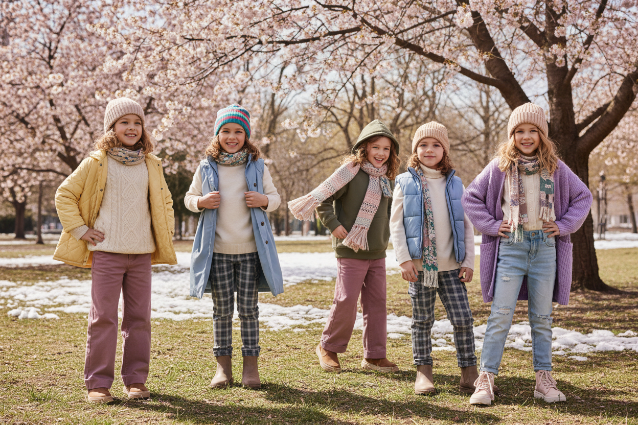 kids modeling for a brand that sells spring clothes but like a cold outfits 