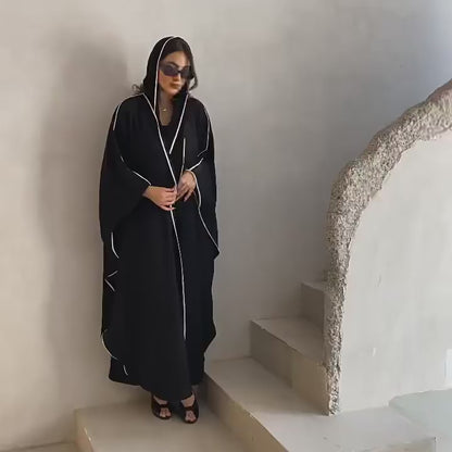 Modern Black Abaya with White Piping | Butterfly Cut Abaya | Modest Wear