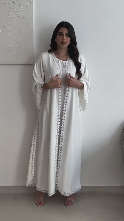 Elegant White Lace Trim Abaya | Pearl Open Front Kaftan | Modest Wear